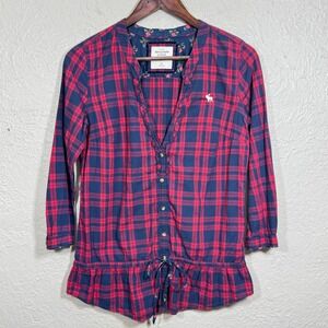 Abercrombie A&F Flannel Top Blouse‎ Medium Tartan Plaid Cotton Ruffle Y2K Preppy